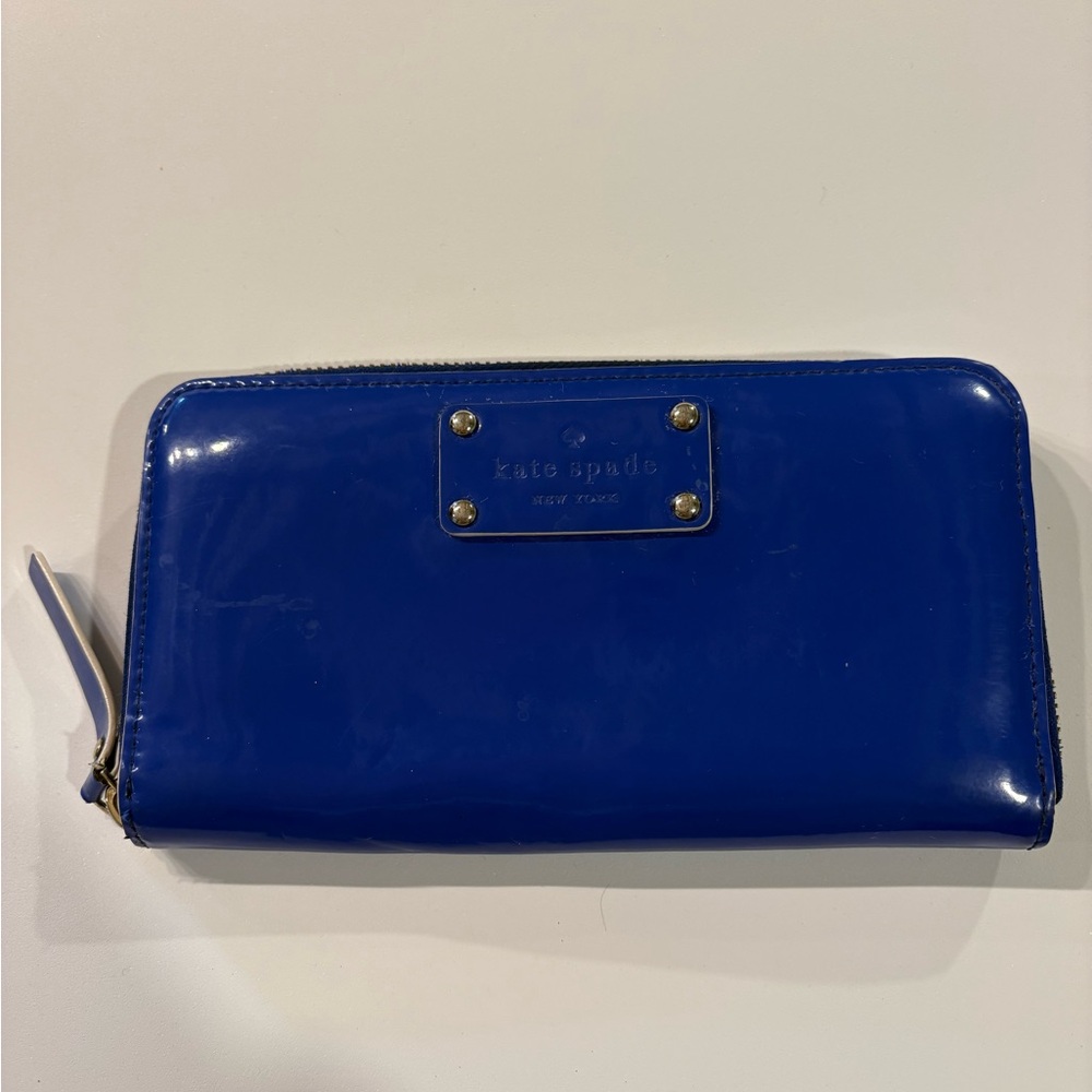 Kate Spade Patent Leather Royal Blue Wallet with Polka Dot Accents
